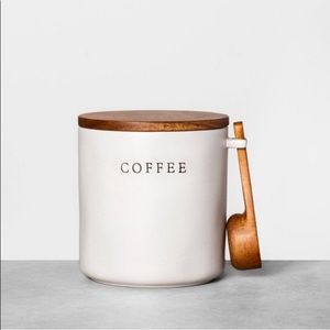 Stoneware coffee canister with wood lid & spoon
